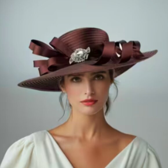 Elegant brown hat with Ribbon detail and crystal pin accent. - Picture 1 of 1